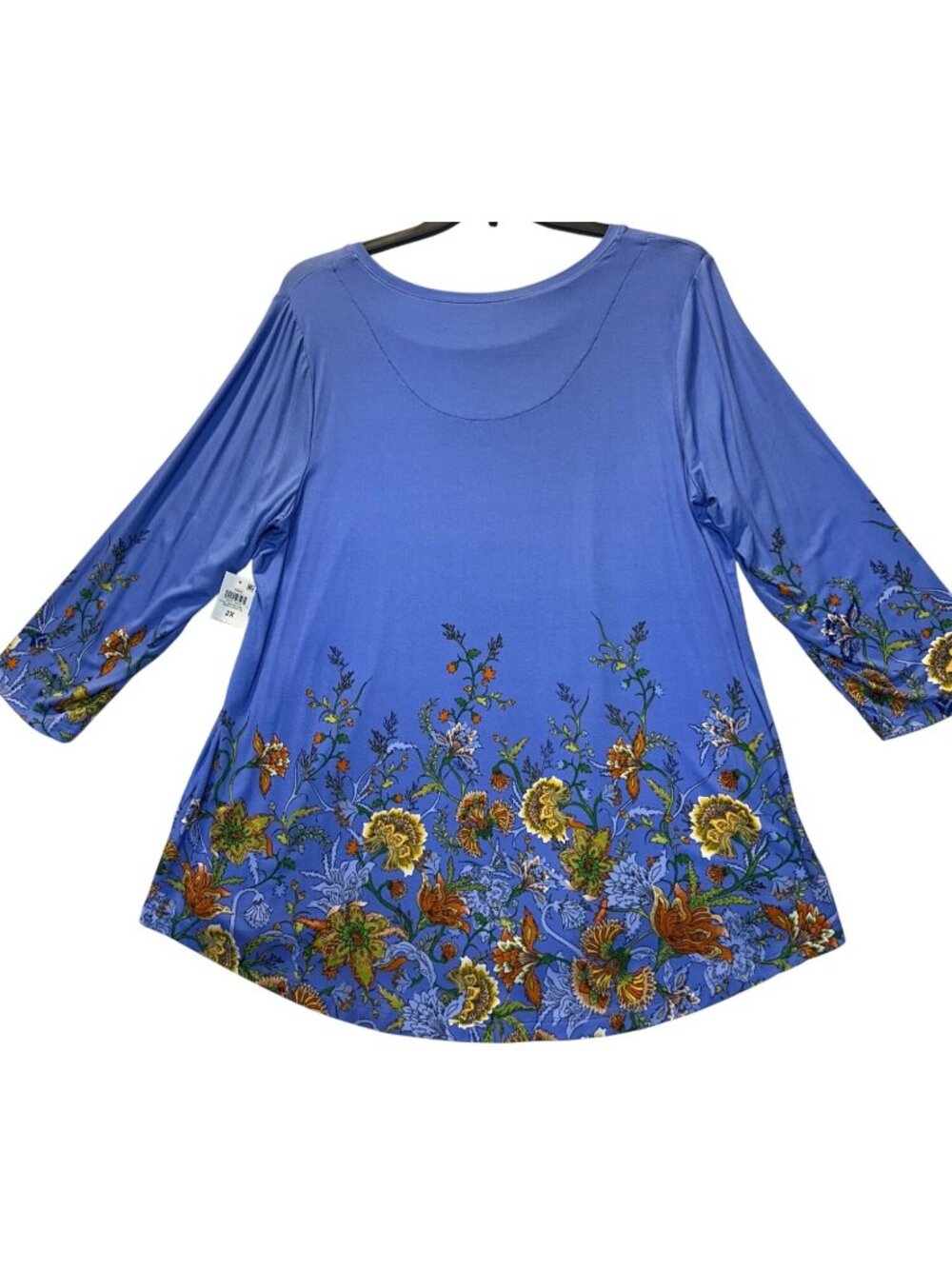 JM Collection 2X Floral 3/4 Sleeve Tunic Top High-Low Hem Lightweight Blue - Picture 2 of 8